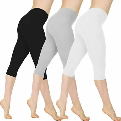 Plus Size S - XXXL 22 Women Pants Leggings Capri Plain 3/4 Cropped Soft Sports • £6.20