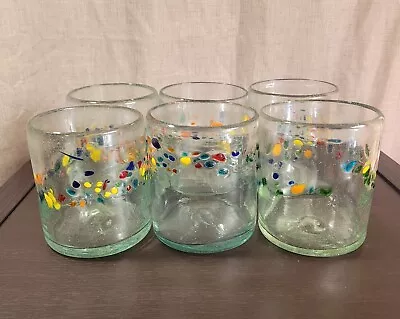 Set Of 6 Mexican Hand Blown Confetti Rim Rocks Tumbler Glasses 12oz • $34.99