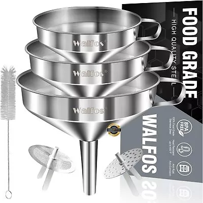 Stainless Steel Funnel Walfos 3 Pack Kitchen Funnel With 2 Removable Strainer • $15.54