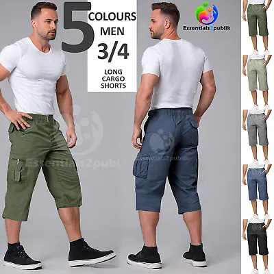 3/4 Long Length Short For Men Elasticated Waist Cargo Combat Three Quarter M-3XL • £10.49