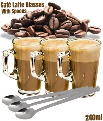 4/6 Latte Coffee Glasses Cappuccino Lattes Tea Glass Cups Hot Drink Mugs+ Spoons • £12.99