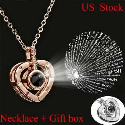 I LOVE YOU In 100 Languages Light Projection Heart Necklace Girlfriend Couple US • $5.99