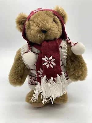 Vermont Teddy Bear In Maroon Scarf & Hat Winter Snowflakes • $15.34