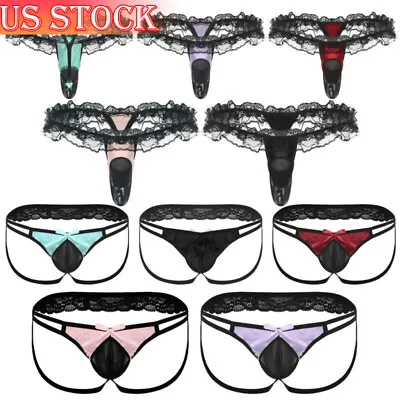 $4.69 • Buy US Mens Lace Trim Sissy Bulge Pouch Thongs Micro Panties Crossdressing Underwear