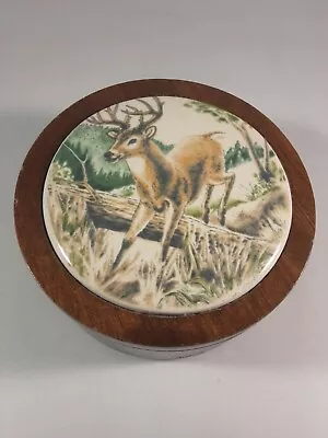 Vintage Wood Round   3.5  Deer Trinket Box Hand Painted Deer Tile  Top • $23