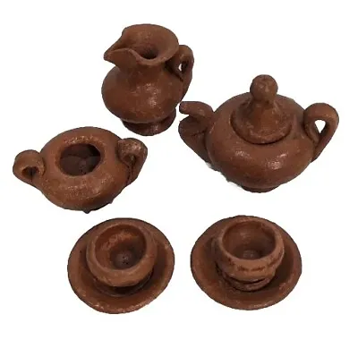 VTG Miniature Red Clay Tea Set Tray Handmade Earthenware Doll House 8 Piece Set • $11.68