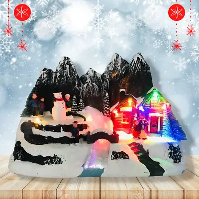 Christmas Village & Mountain Scene LED Decoration Light Up Musical Snowman & Kid • £24.99