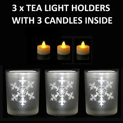 £5.99 • Buy 3 Pcs Glass Tea Light Candle Holder With Led Candles Christmas Ornament Gift 