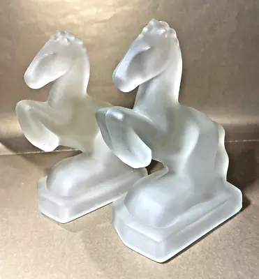 L.E. Smith Frosted Satin Glass Rearing Horse Bookends 1940's Pair Vintage • $20
