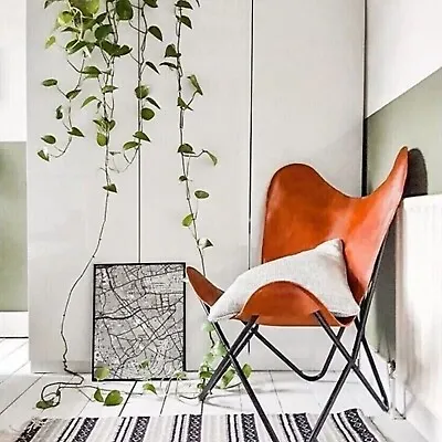 Handmade Vintage Brown Leather Butterfly Chair With Black Iron Frame • $140