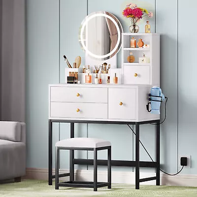 4 Drawers Vanity Table Set Makeup Dressing Table Desk With LED Mirror And Stool • $153.99