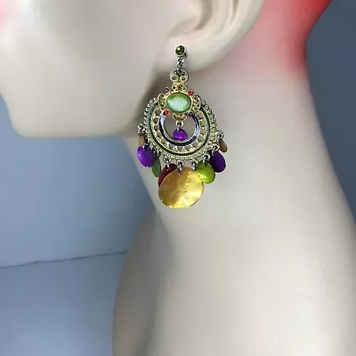 Vintage Gypsy Earring Dangles With Bright Colors Purple Green Red Gold 2 L • $10