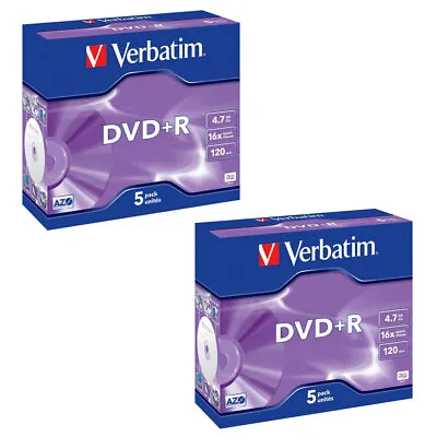 2x 5PK Verbatim DVD+R 4.7GB 16x/120min Blank Discs Data Storage W/ Jewel Cases • $23