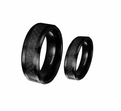 Men Or Ladies Tungsten Carbide Black Carbon Fiber Inlay Matching Band Ring SET • $50.96