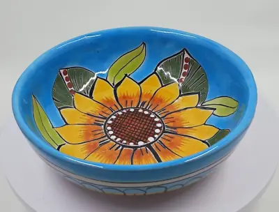 Hand Painted Mexican Folk Art Sunflower Pottery Bowl Lead Free • $6.99