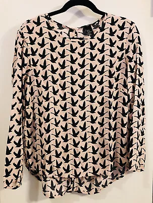 H&M Blouse Long Sleeve Rear Button Up Blush W/ Black Birds Hi Low Hem Women's 10 • $12.99