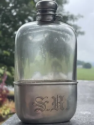Antique Sterling Silver J E Caldwell Co Hip Flask Glass 925 RARE • $198
