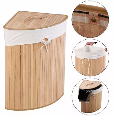 Costway Corner Bamboo Hamper Laundry Basket Washing Cloth Bin Storage Bag Nature • $49.99