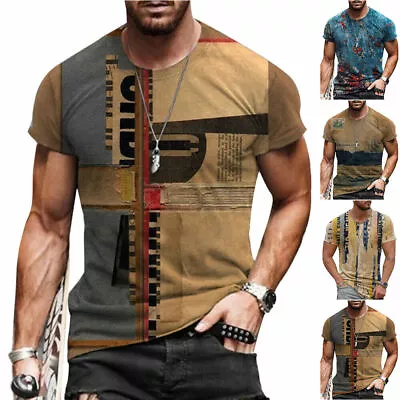 T-Shirt Mens Vintage Printed Short Sleeve Blouse Summer Casual Fitness Tops Tee • $12.03