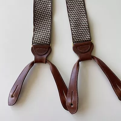 Trafalgar Mens Suspenders Braces Beige Brown Geometric Pattern Brown Leather • $34.99