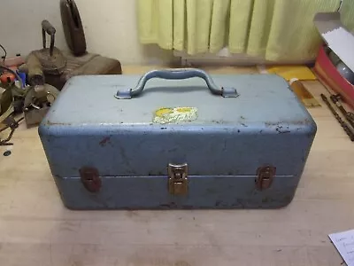 Vtg. Fishing Tackle Box Metal Coast To Coast Fine Fishing 2 Shelf Blue FREE SHIP • $25.99