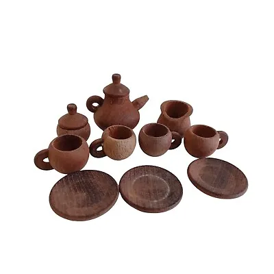 Old Miniature Wood Tea Set 11 Piece 1.75  Plates Dollhouse Size .75  Cups Vtg • $17.99