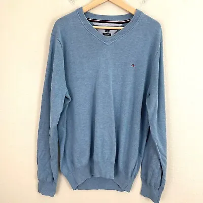 Tommy Hilfiger Mens Large Blue 100% Pima Cotton V Neck Pullover Sweater Classic • $22.20