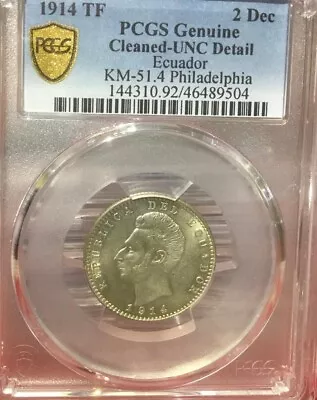 Ecuador  2  Decimos  1914 Tf Philadelphia Km # 51.4 Pcgs Cleaned - Unc. • $61.50