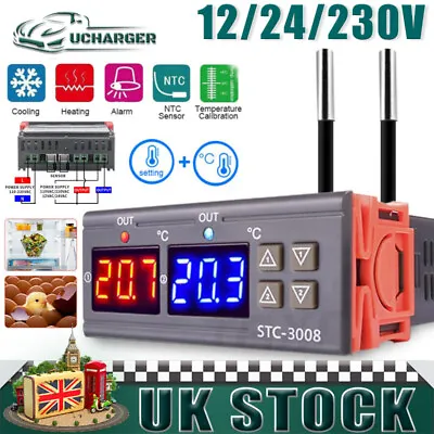 LED Digital Temperature Controller 12V 24V 220V Dual Relay NTC Sensor Thermostat • £9.91
