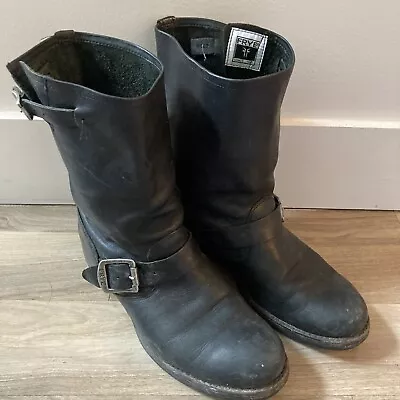 Frye Womens Boots Sz 9 Black Leather Moto Biker Buckles Engineer Pull On Classic • $59.99