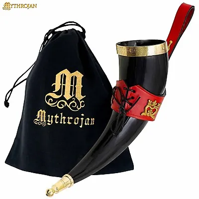 Viking Drinking Horn Cup 350 ML Beer Mug Decor With Brass And Red Leather Holder • $21.99