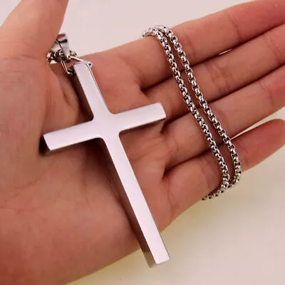 Top Polished Jewelry Men Women Stainless Steel Silver Big Cross Pendant Necklace • £11.70