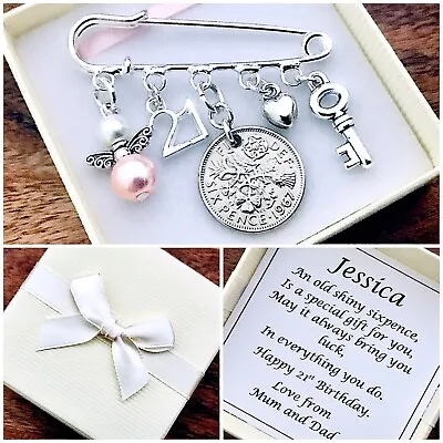 £4.99 • Buy LUCKY SIXPENCE Charm, 21st BIRTHDAY, KEY, ANGEL, PERSONALISED Gift Box