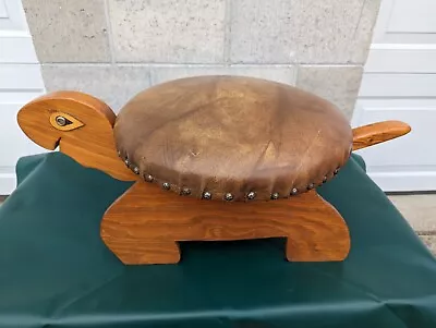 Vintage Wood Turtle Foot Stool  Ottoman Mid Century Cushion Folk Art Leather  • $42.65