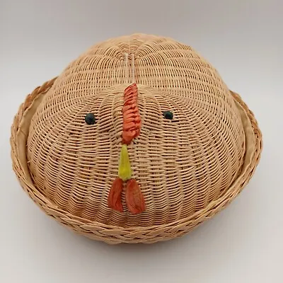 Vintage Rooster Chicken Bread Basket & Lid Straw Woven Wicker Country Farmhouse • $19.99
