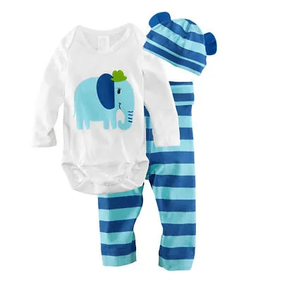 Infant Cartoon Tracksuits Outfit Baby Boy Girl Romper Pants Hat 3PCS Set Clothes • £5.17