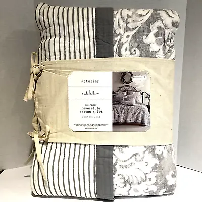 Artelier Nicole Miller Full/Queen Cotton Quilt Reversible Gray Floral Stripe NWT • $59.88