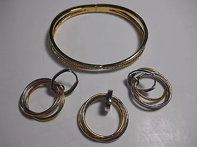 NADRI Gold Tone Cuff Bracelet Crystal Elements + Earring Pendant Set Two Tone • $49.49