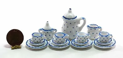 Dollhouse Miniature 1:12 Scale Swiss Dot Tea Set In White & Blue Dots • $9.99