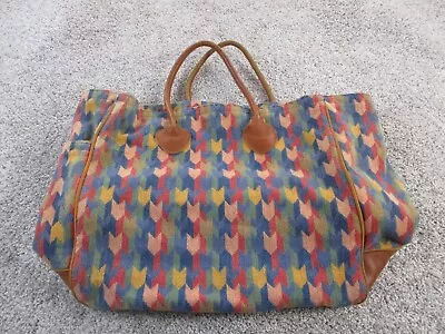 Vintage Carpet Bag Tote Large Purse Multicolored Brown Leather Handles Day Bag • $69.99
