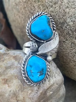 Vintage 1970 Native Navajo Morenci Stacked Sterling Silver Turquoise Ring 6.75 • $129