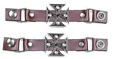 2 Set Vest Extender Metal Iron Cross Brown Leather For MC Jacket Bikers Vest • $15.99