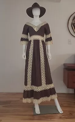 Vintage 60s 70s Mexican Pintuck Maxi Wedding Dress Crochet Bell Sleeves M Hippie • $55