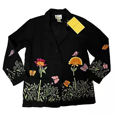 VTG NWT Quacker Factory M Embroidered Black Jacket Cotton Flowers Butterflies • $24.99