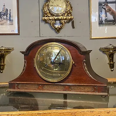 Antique Large Edwardian Brass Dial Mantle Clock Wood Napoleon Hat Mahogany • £55