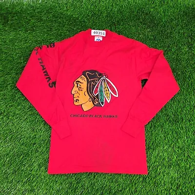 Vintage Chicago Blackhawks Long-Sleeve Shirt Teens Small Red Single-Sti • $9.99
