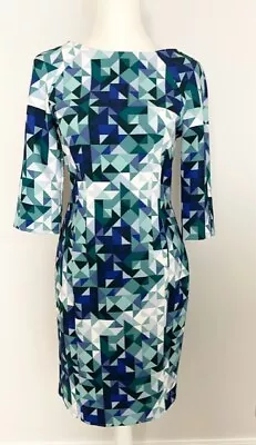 H&M Womens Sheath Dress Size 8 Blue Green Geometric Boat Neck 3/4 Sleeve Zipper • $19.99