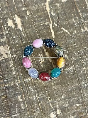 VINTAGE VAN DELL Gold Filled Multi Gemstone SCARAB Circle Brooch Pin 12k GF • $19.99