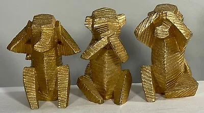 Distressed Wise Monkey Sculptures 3-piece Set Gold - Hear See Speak No Evil • $15.99