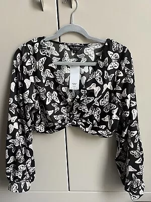 Miss Selfridge Black Butterfly Pattern Crop Top Size 16 • £2.20